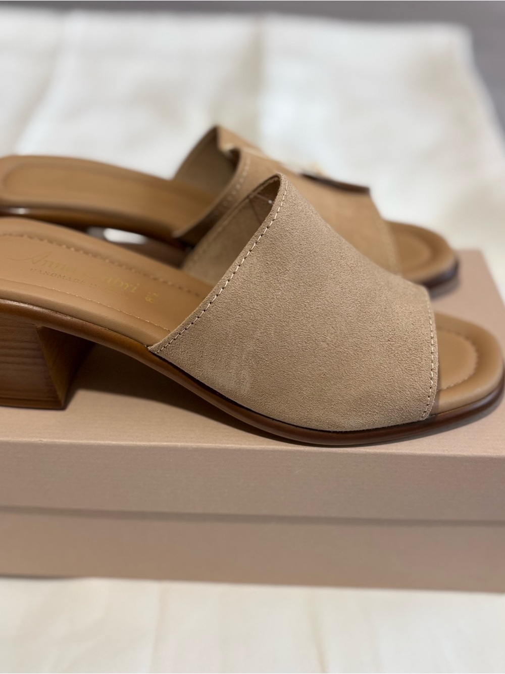 Neutral Suede Open-Toe Slide Sandals in Beige